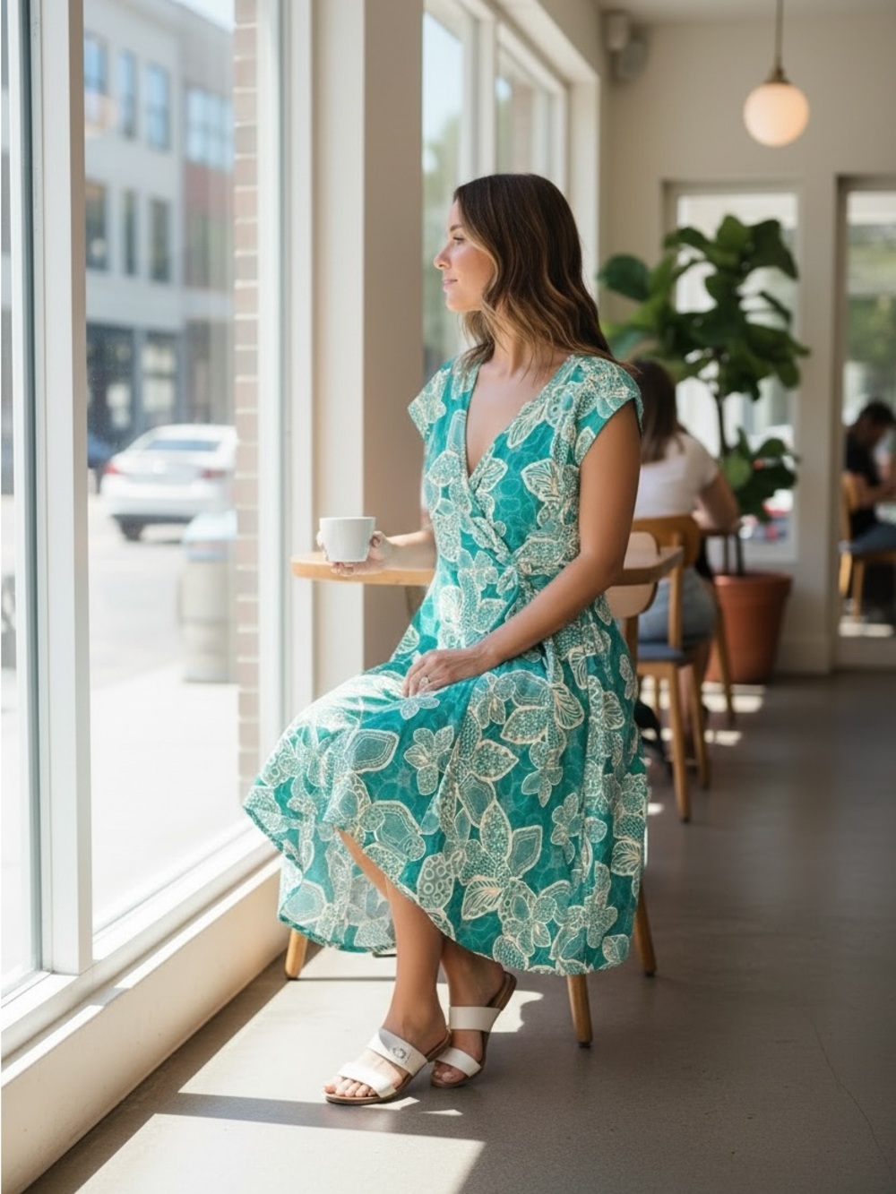 Perceptions Teal White Lace Faux Wrap Midi Dress Wedding Guest L - Picture 2 of 5